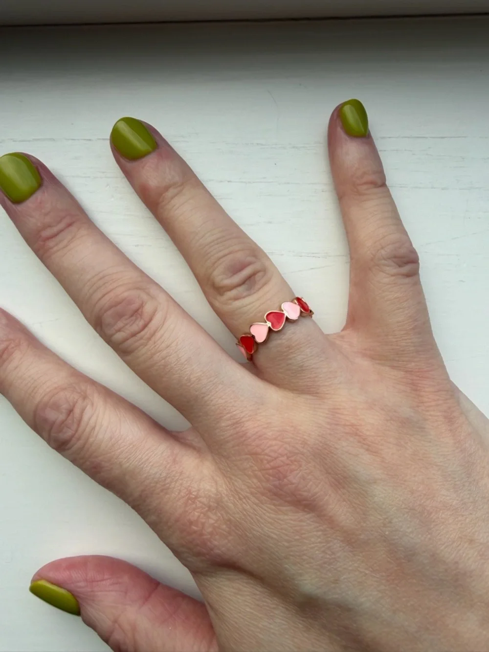 Red & Pink Open Heart Link Love Enamel Ring - Size 6